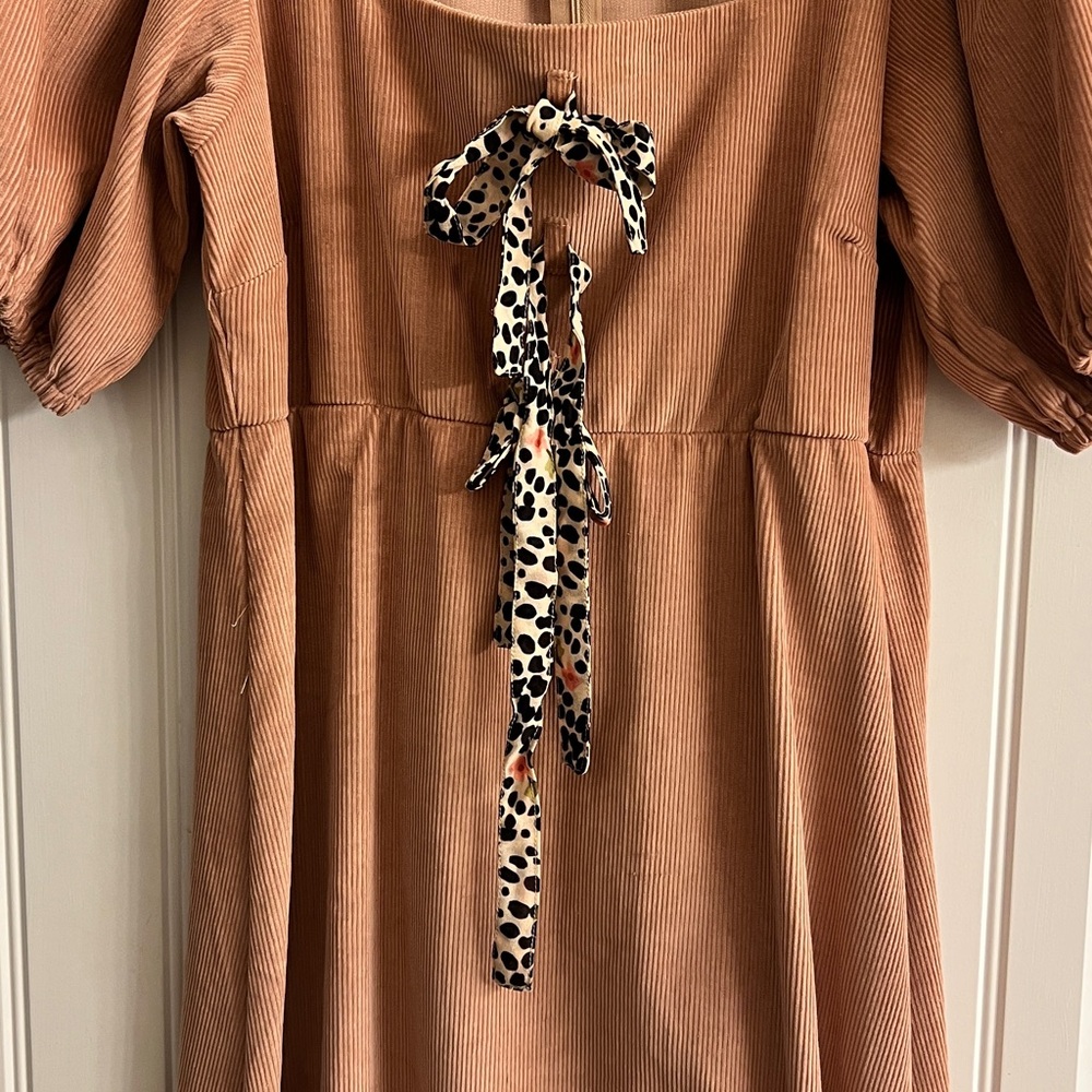 Brown Corduroy Dress with Leopard Print Bow